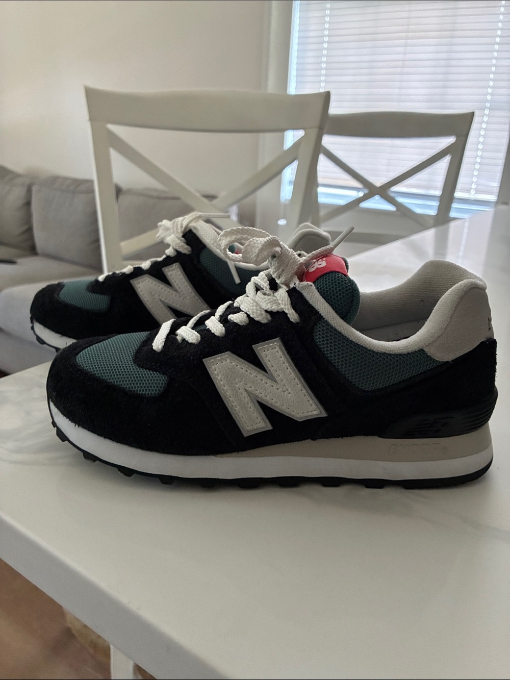Classic New Balance 574 Black and Teal Lace-Up Sneakers with White 'N'